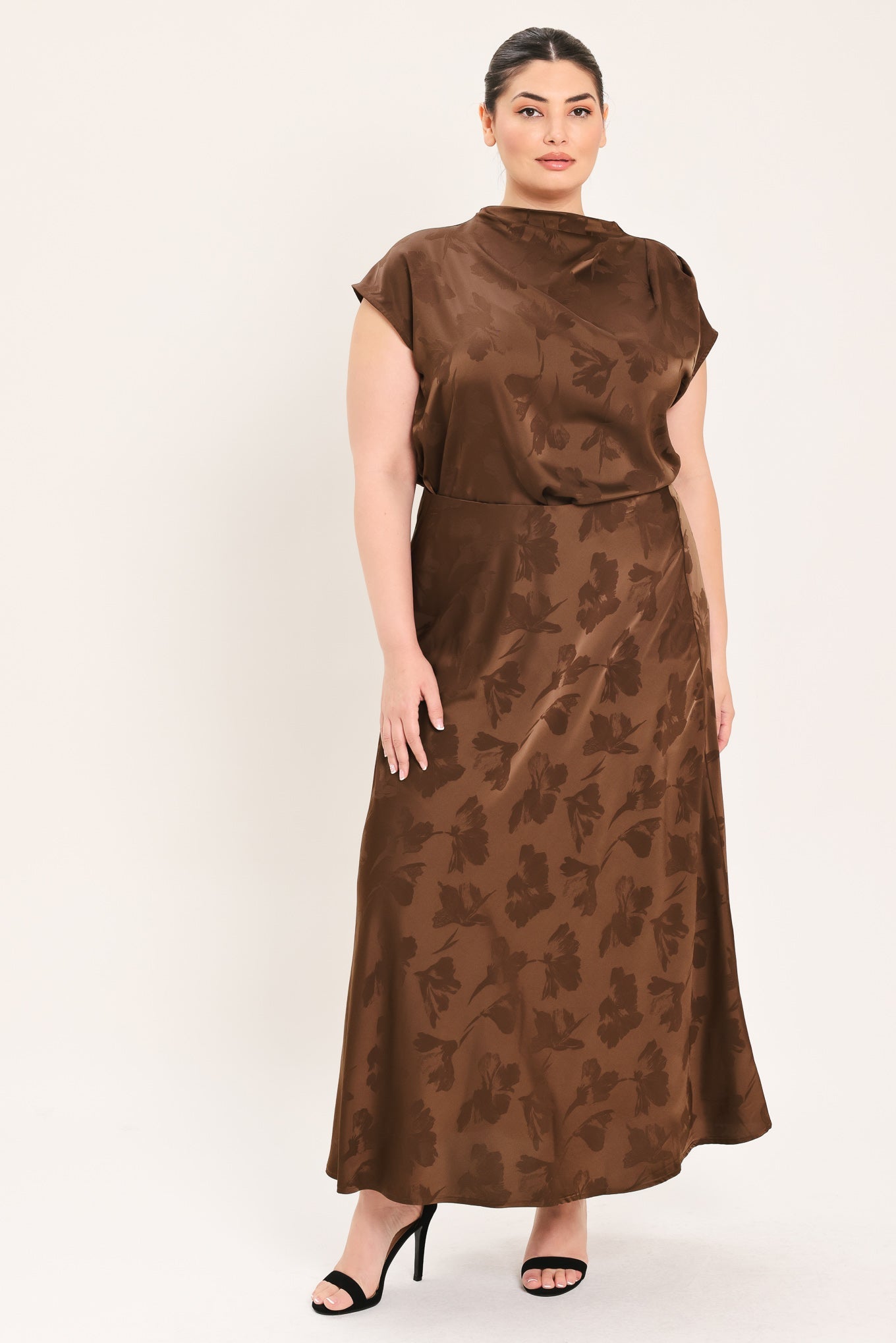 Chocolate Floral Jacquard Midi Skirt