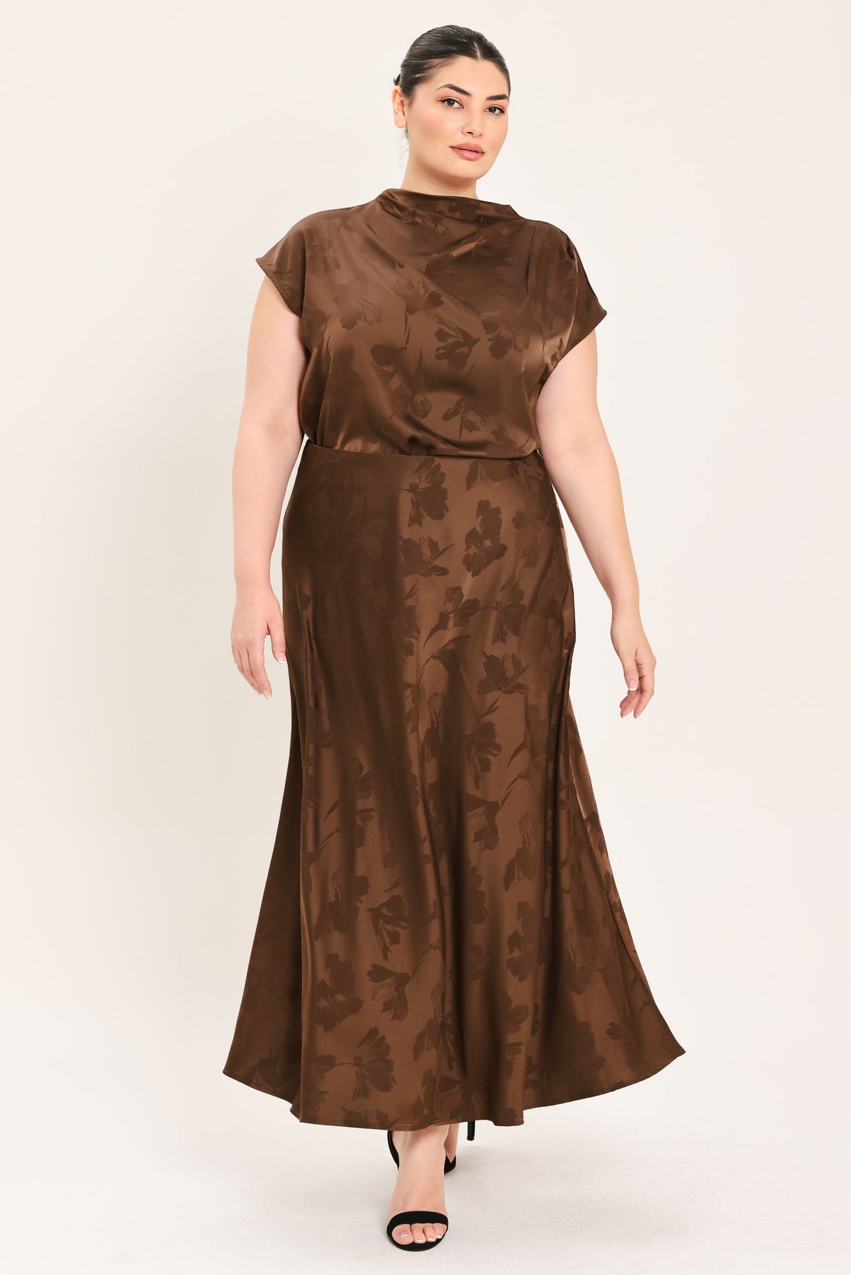 Chocolate Floral Jacquard Midi Skirt