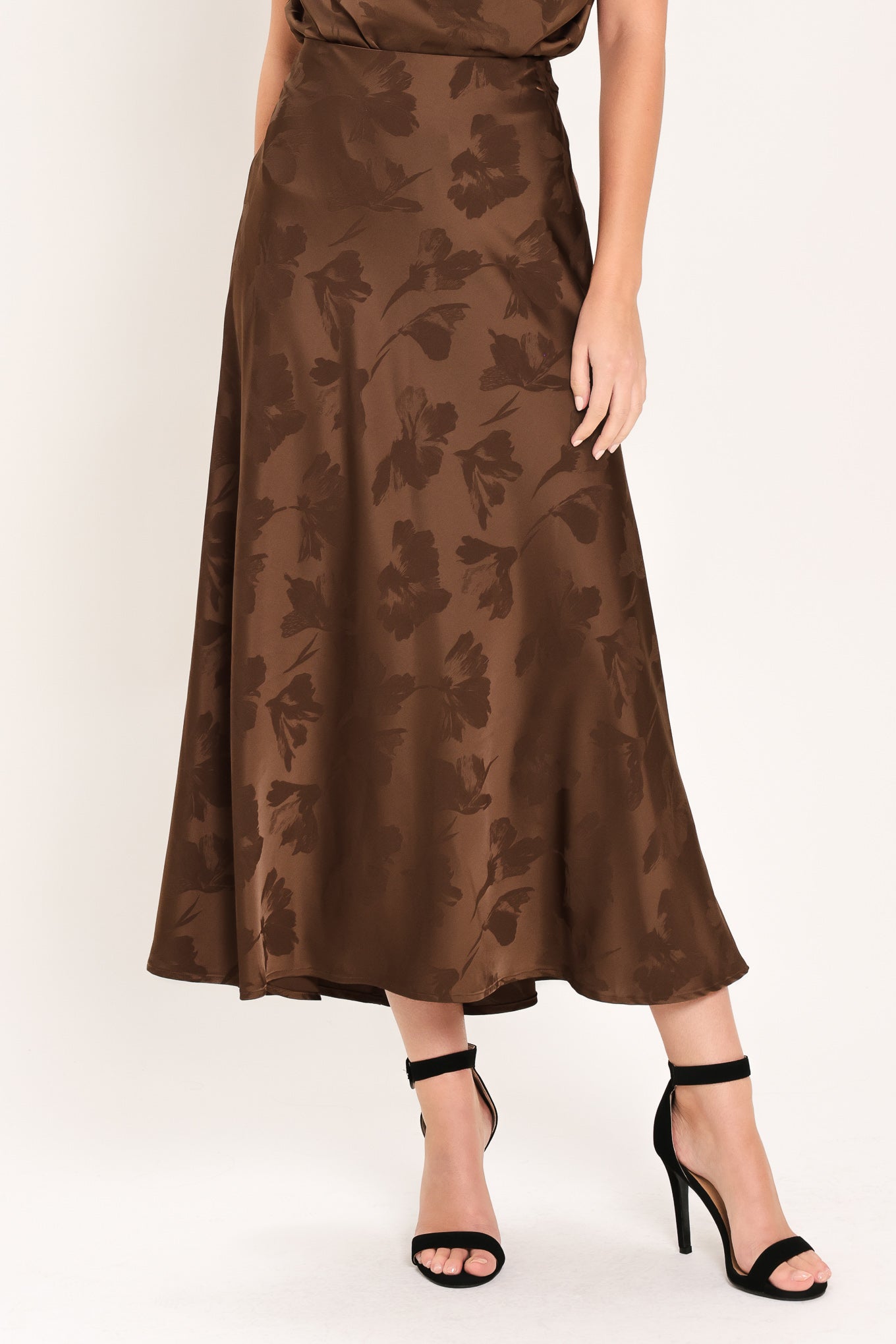 Chocolate Floral Jacquard Midi Skirt