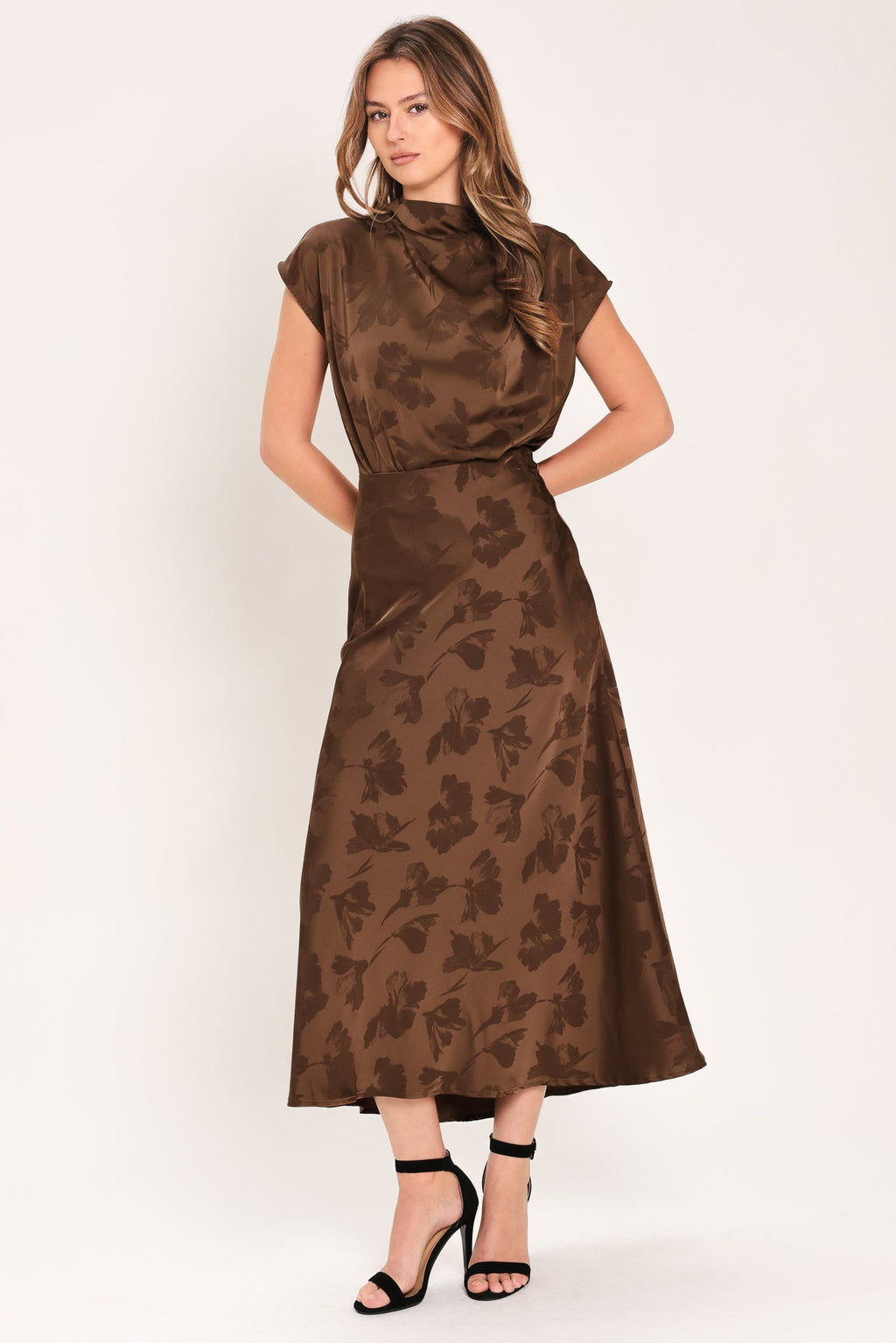 Chocolate Floral Jacquard Midi Skirt