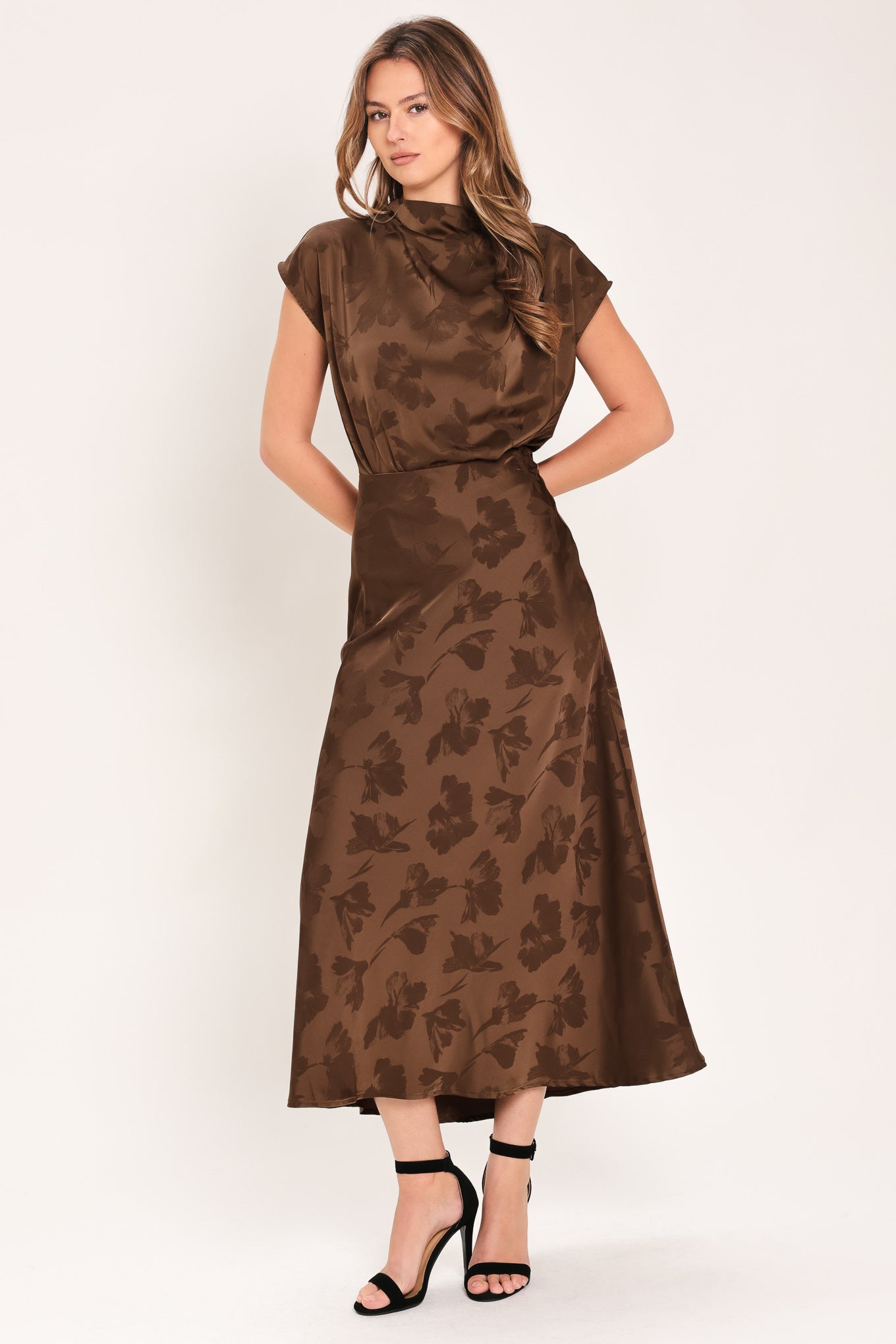 Chocolate Floral Jacquard Midi Skirt