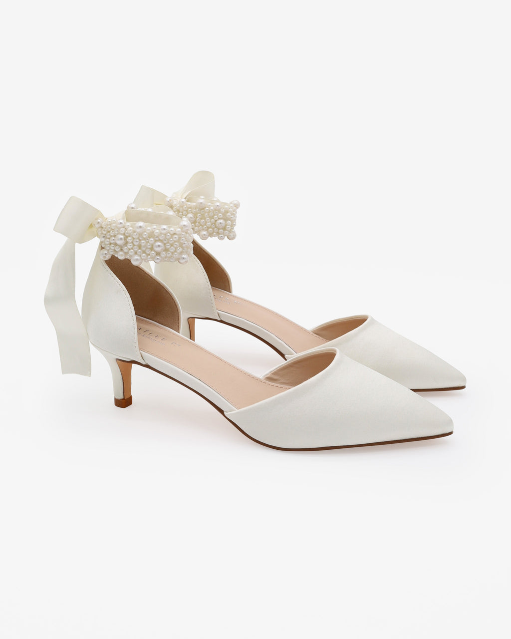 Satin Pointy Toe Kitten Low Heel with Perla Ankle Strap