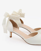 Satin Pointy Toe Kitten Low Heel with Perla Ankle Strap