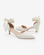 Satin Pointy Toe Kitten Low Heel with Perla Ankle Strap