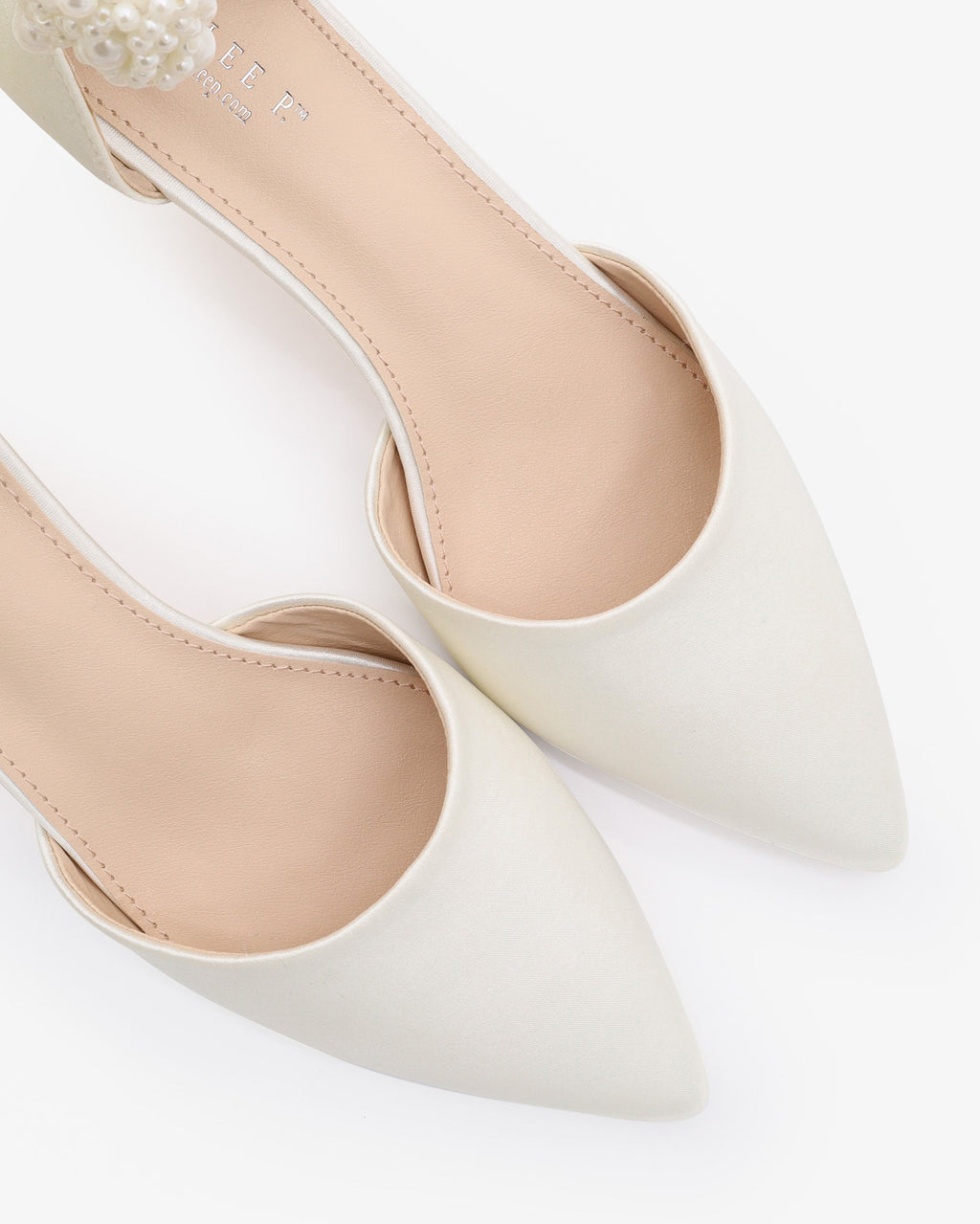 Satin Pointy Toe Kitten Low Heel with Perla Ankle Strap