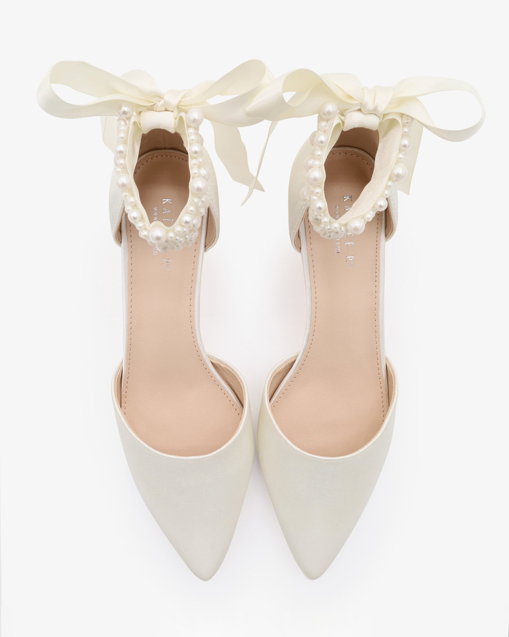 Satin Pointy Toe Kitten Low Heel with Perla Ankle Strap