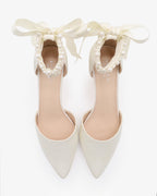 Satin Pointy Toe Kitten Low Heel with Perla Ankle Strap