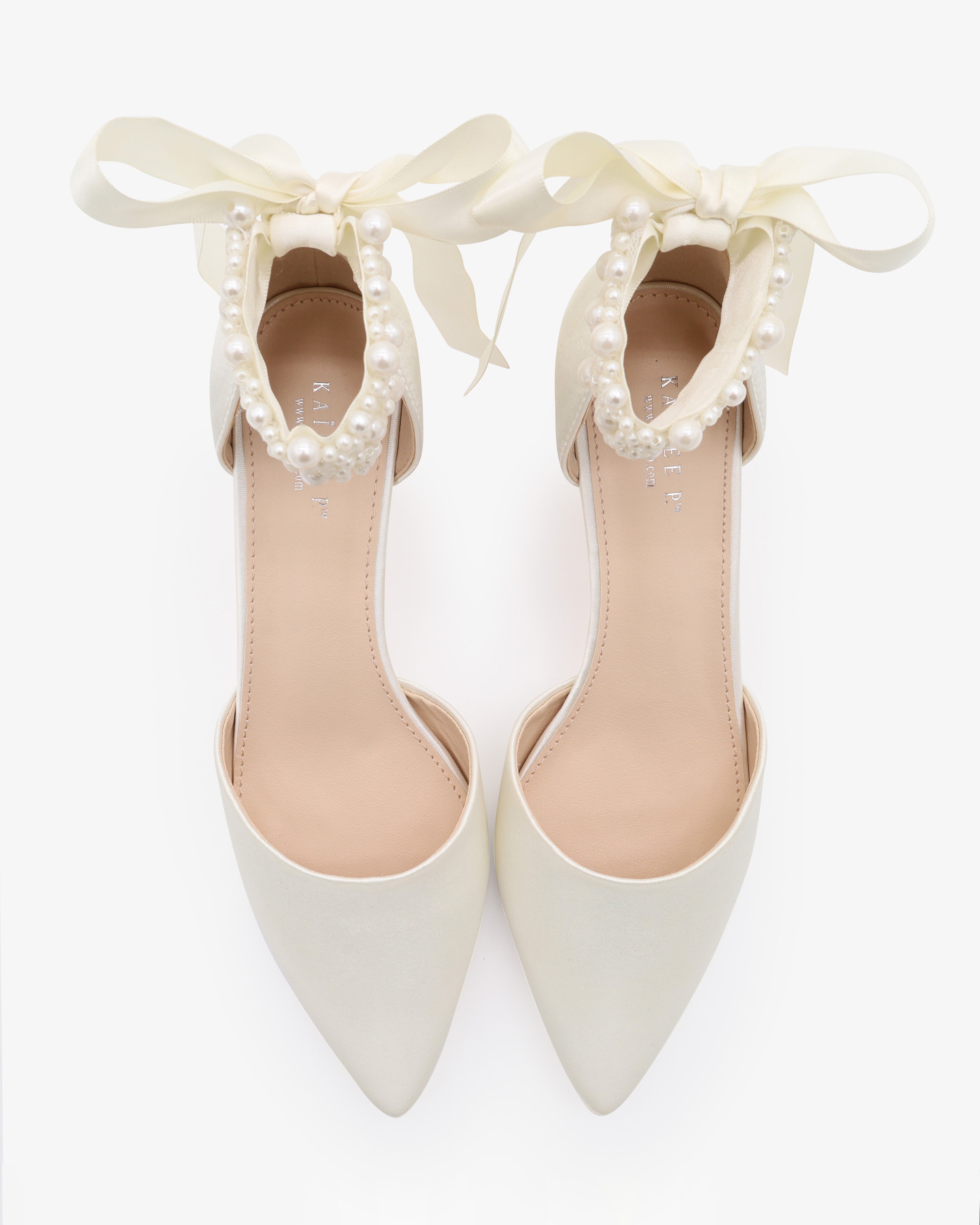 Satin Pointy Toe Kitten Low Heel with Perla Ankle Strap