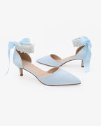 Satin Pointy Toe Kitten Low Heel with Perla Ankle Strap