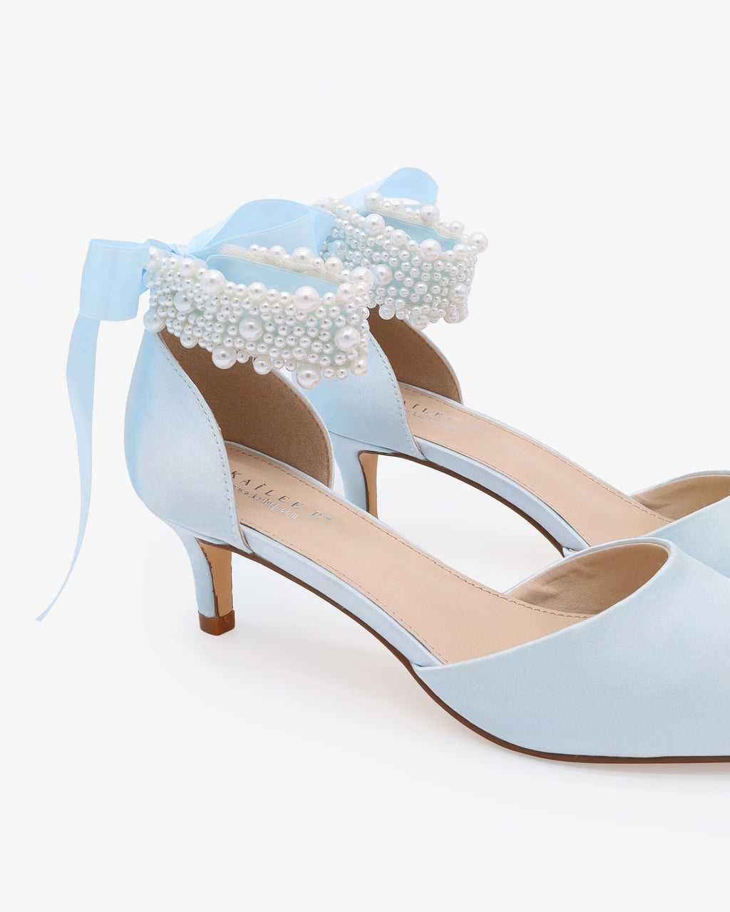 Satin Pointy Toe Kitten Low Heel with Perla Ankle Strap