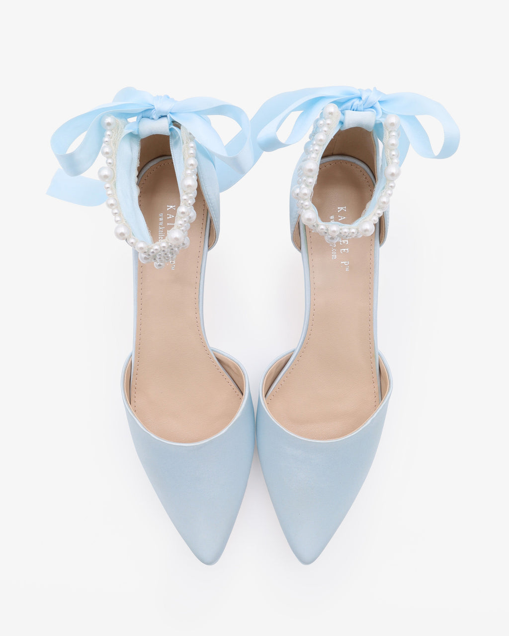 Satin Pointy Toe Kitten Low Heel with Perla Ankle Strap