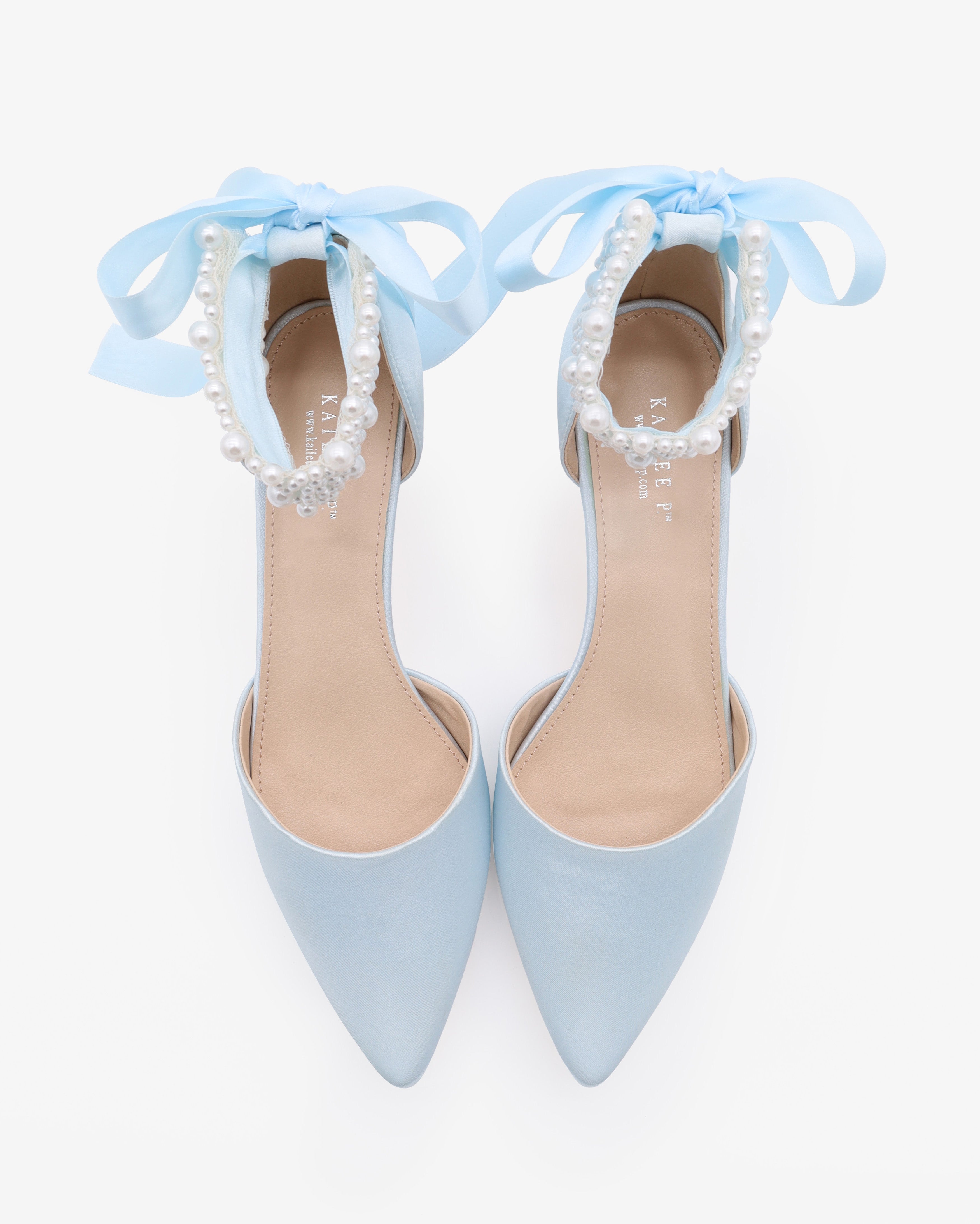 Satin Pointy Toe Kitten Low Heel with Perla Ankle Strap