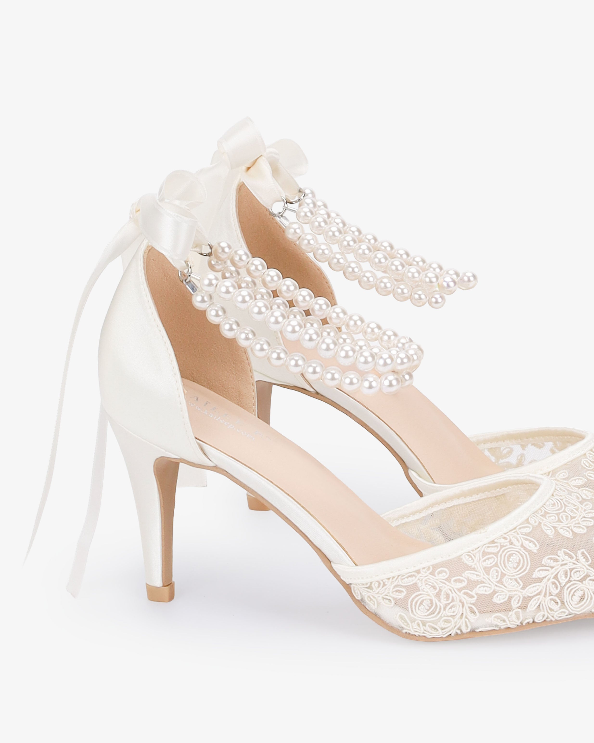 Wedding Lace Heels with Double Pearls Ankle Strap