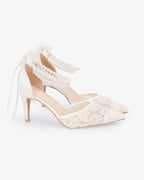 Wedding Lace Heels with Double Pearls Ankle Strap