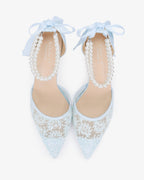 Wedding Lace Heels with Double Pearls Ankle Strap