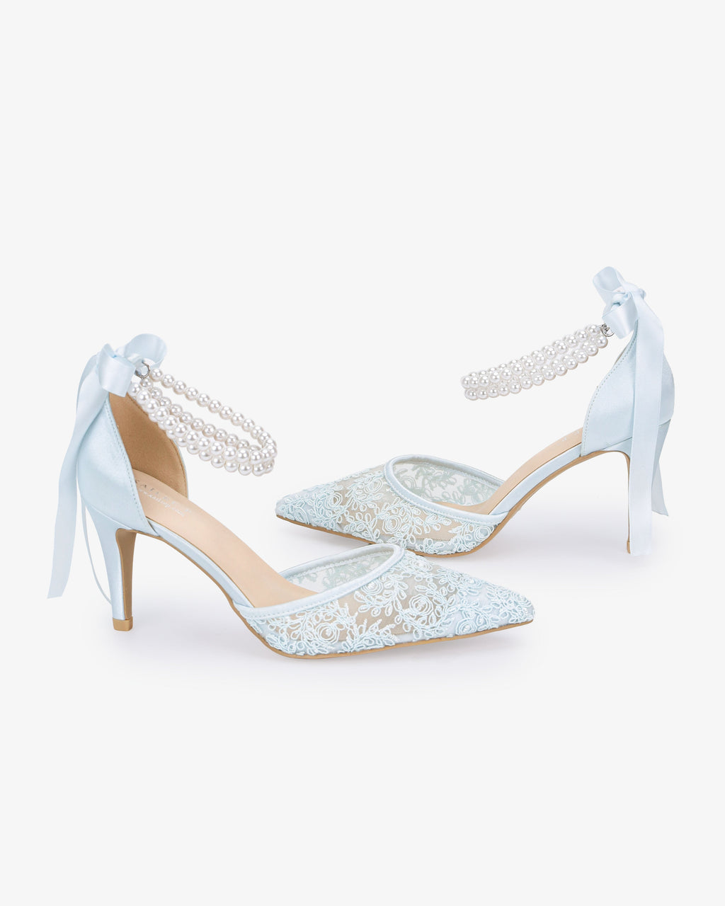 Wedding Lace Heels with Double Pearls Ankle Strap