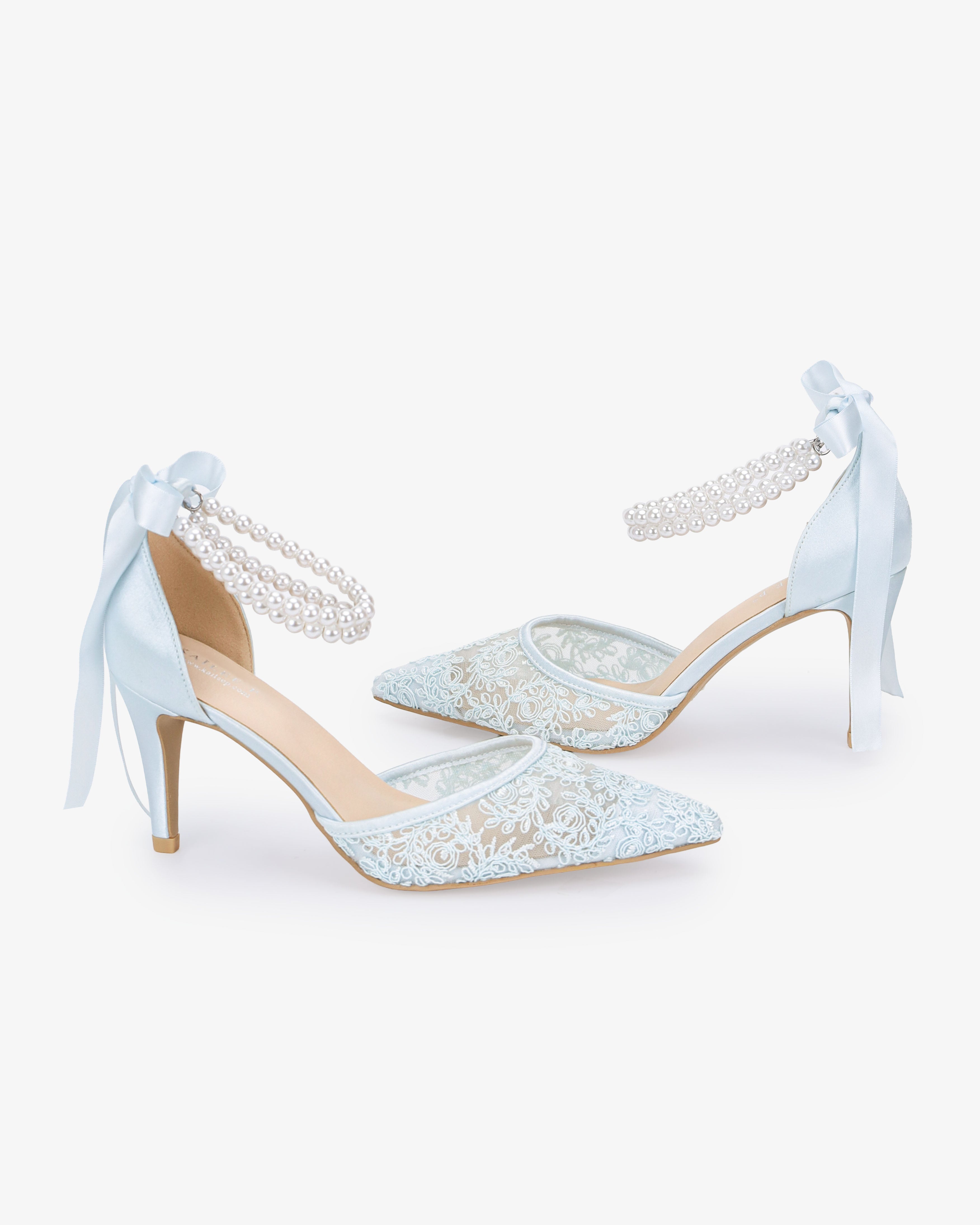 Wedding Lace Heels with Double Pearls Ankle Strap
