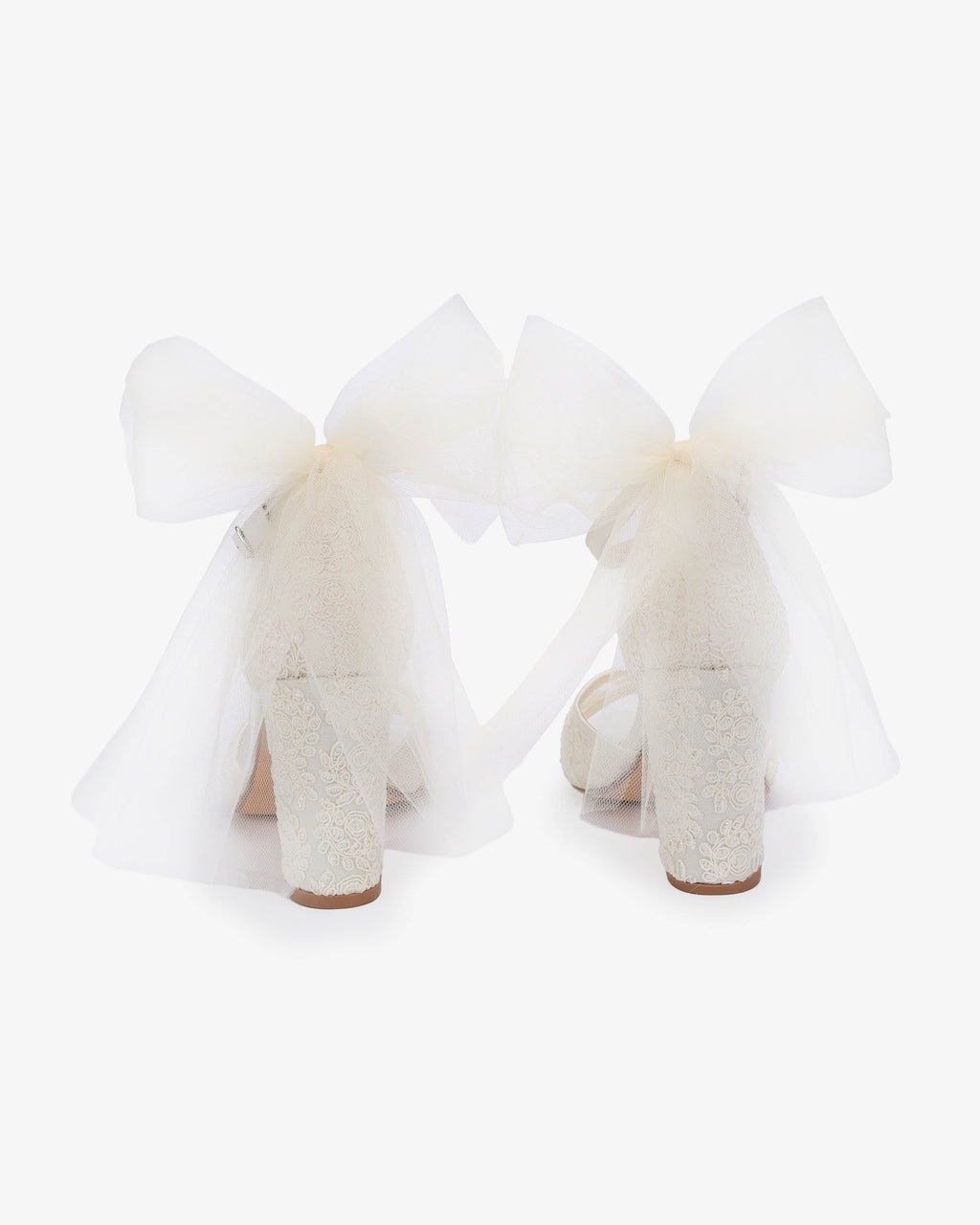 Crochet Lace Block Heel Sandals with Tulle Back Bow