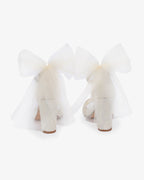 Crochet Lace Block Heel Sandals with Tulle Back Bow