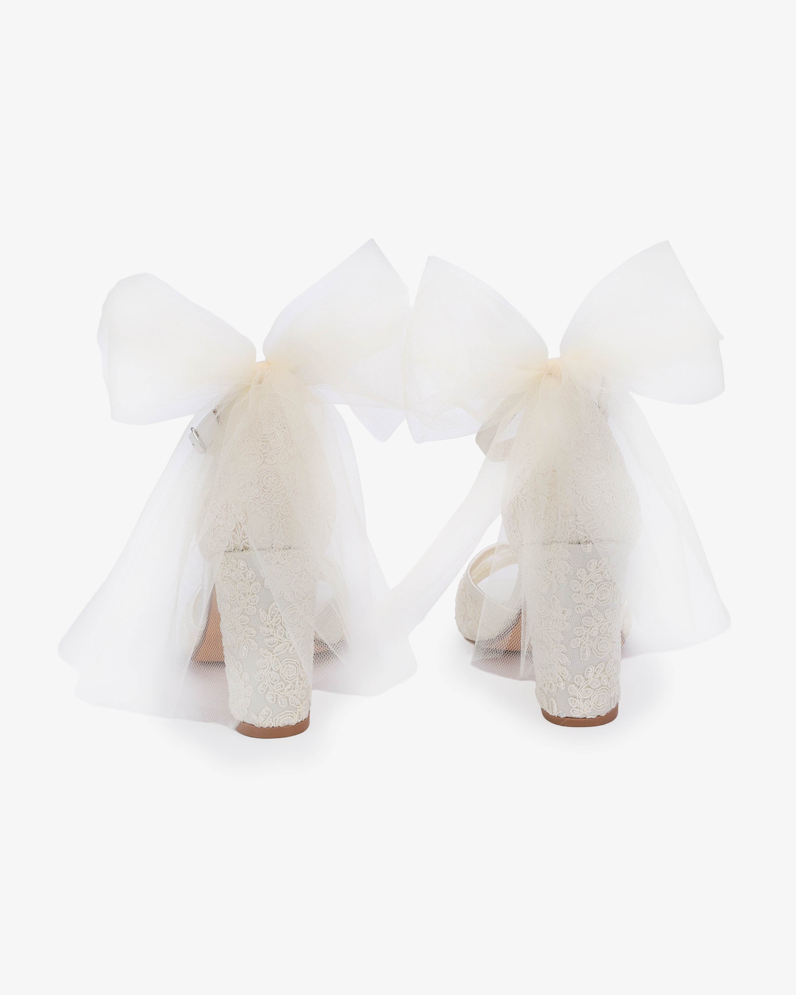 Crochet Lace Block Heel Sandals with Tulle Back Bow