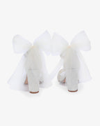 Crochet Lace Block Heel Sandals with Tulle Back Bow