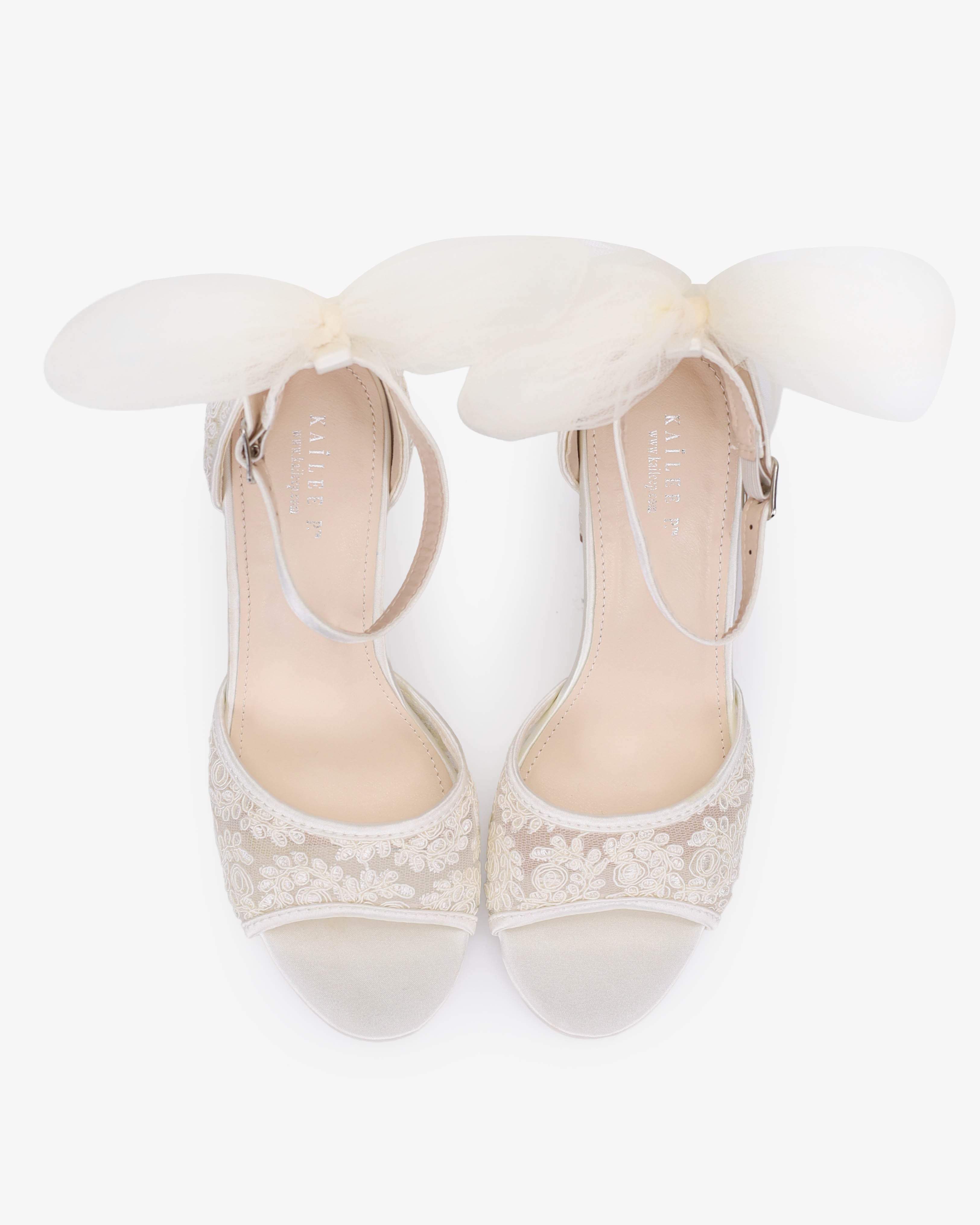 Crochet Lace Block Heel Sandals with Tulle Back Bow