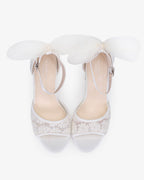 Crochet Lace Block Heel Sandals with Tulle Back Bow