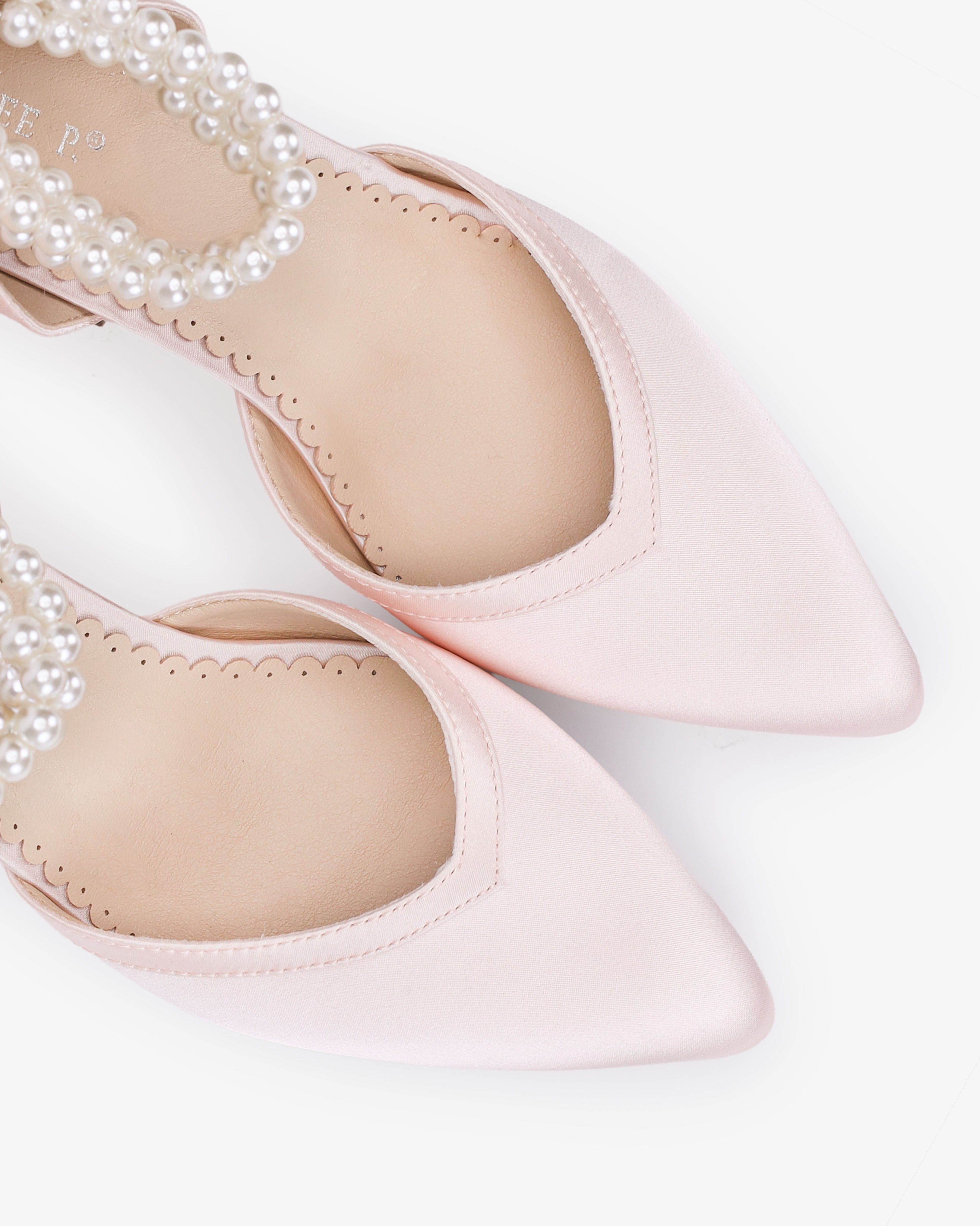 Satin Block Heels Evening Shoes with Trinity Pearls Wrap