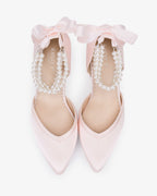 Satin Block Heels Evening Shoes with Trinity Pearls Wrap