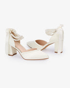Satin Block Heels Wedding Shoes with Trinity Pearls Wrap