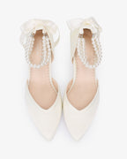 Satin Block Heels Wedding Shoes with Trinity Pearls Wrap