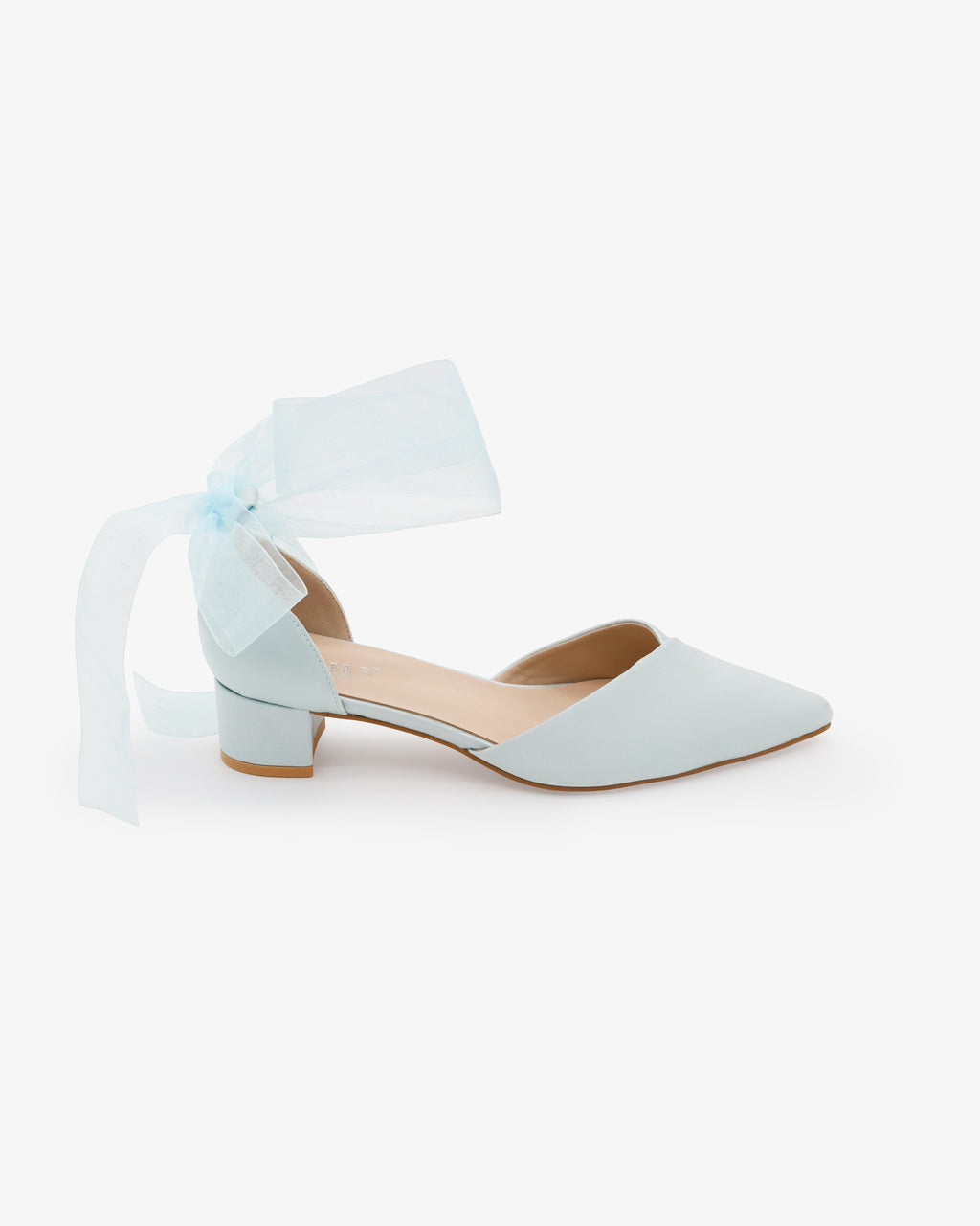Satin Pointy Toe Low Block Heels Wedding Shoes with Wrapped Ribbon Tie