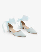 Satin Pointy Toe Low Block Heels Wedding Shoes with Wrapped Ribbon Tie