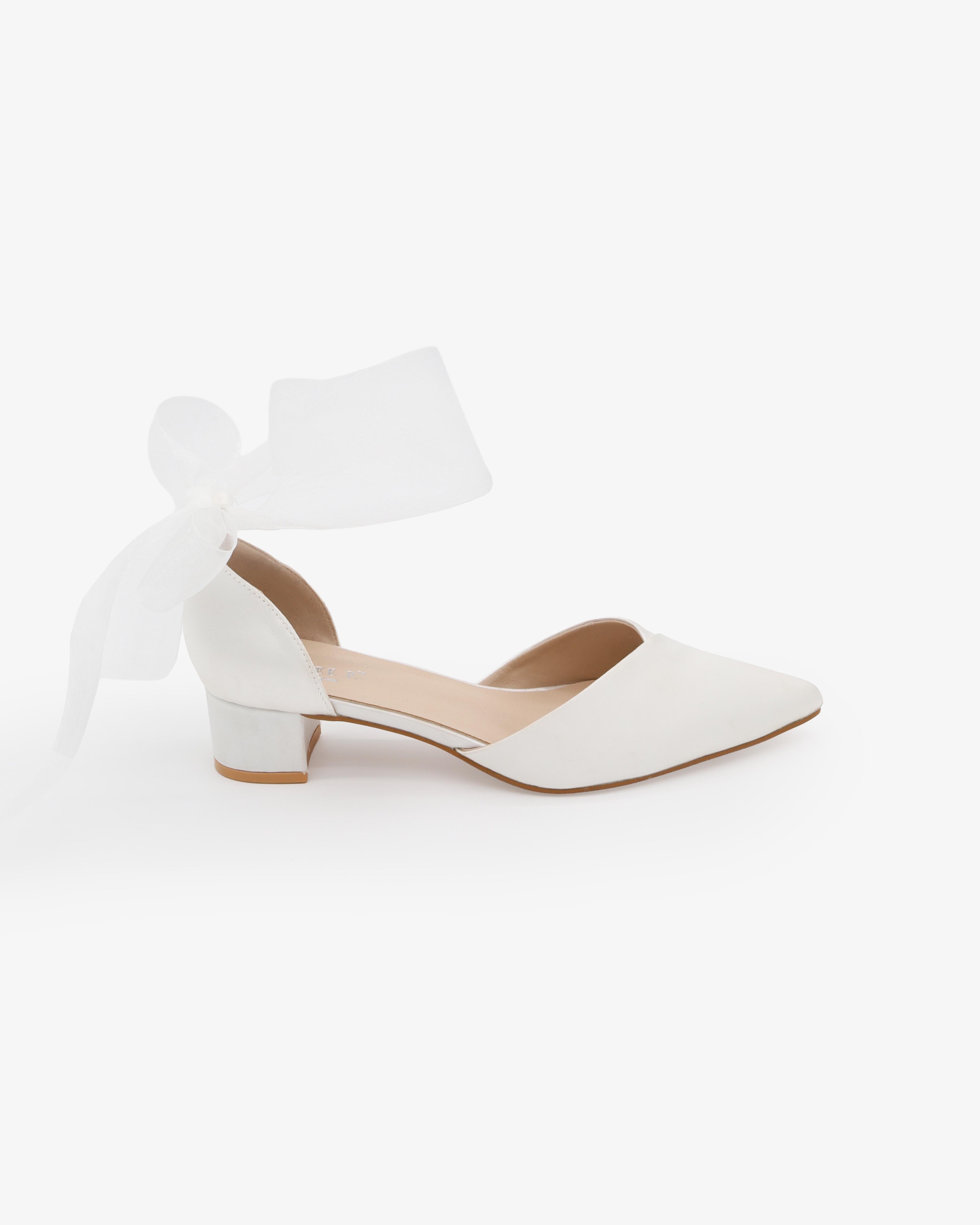 Satin Pointy Toe Low Block Heels Wedding Shoes with Wrapped Ribbon Tie