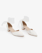 Satin Pointy Toe Low Block Heels Wedding Shoes with Wrapped Ribbon Tie
