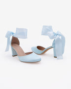 Satin Wedding Block Heel with Wrapped Satin Tie