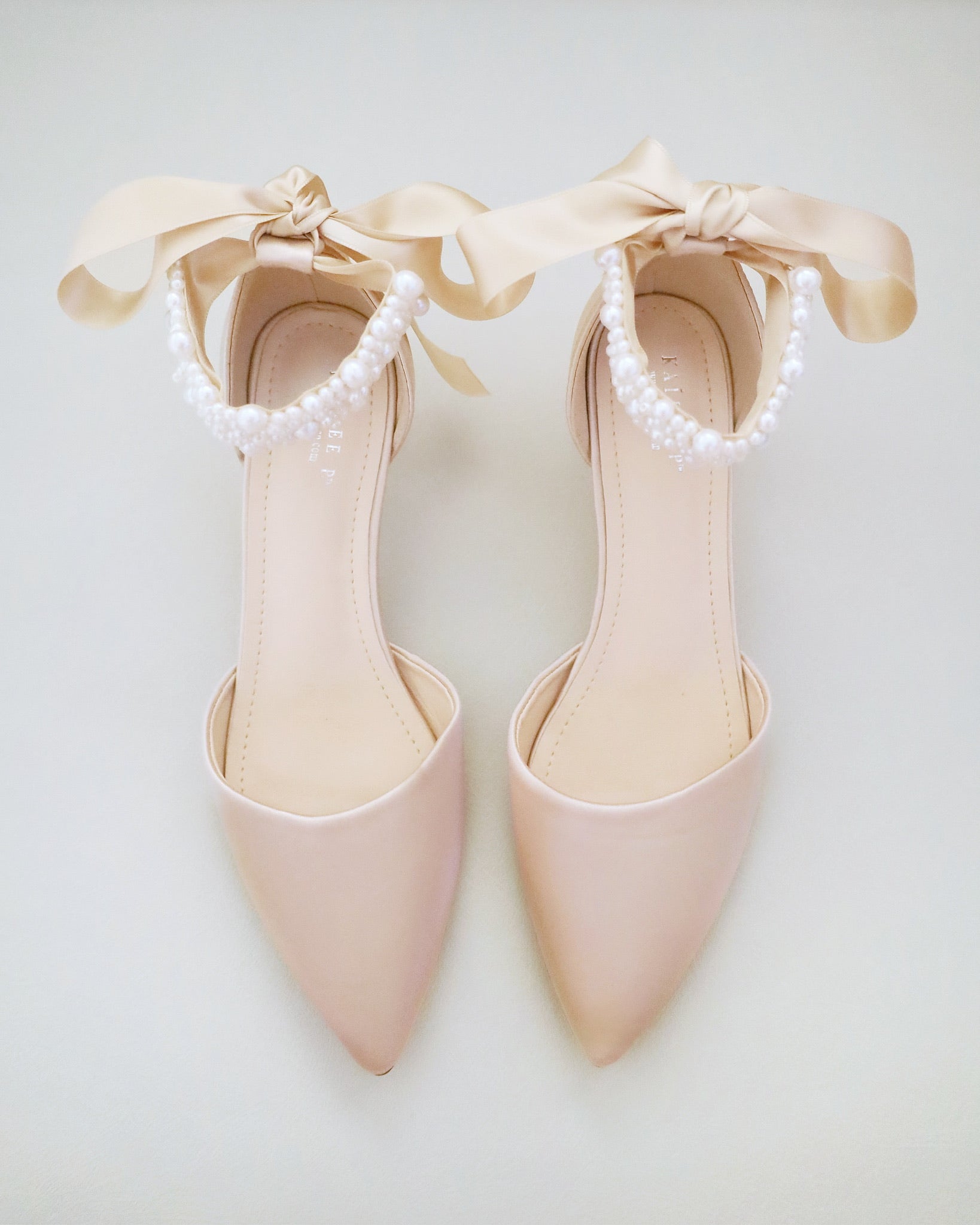Satin Pointy Toe Kitten Low Heel with Perla Ankle Strap