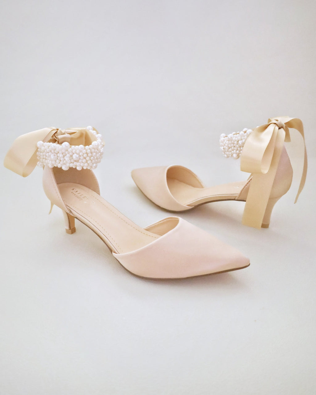 Satin Pointy Toe Kitten Low Heel with Perla Ankle Strap