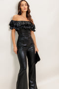 A black coated woven jumpsuit featuring off shoulder neckline, double layer pleated flounce, flare leg and back zipper closure