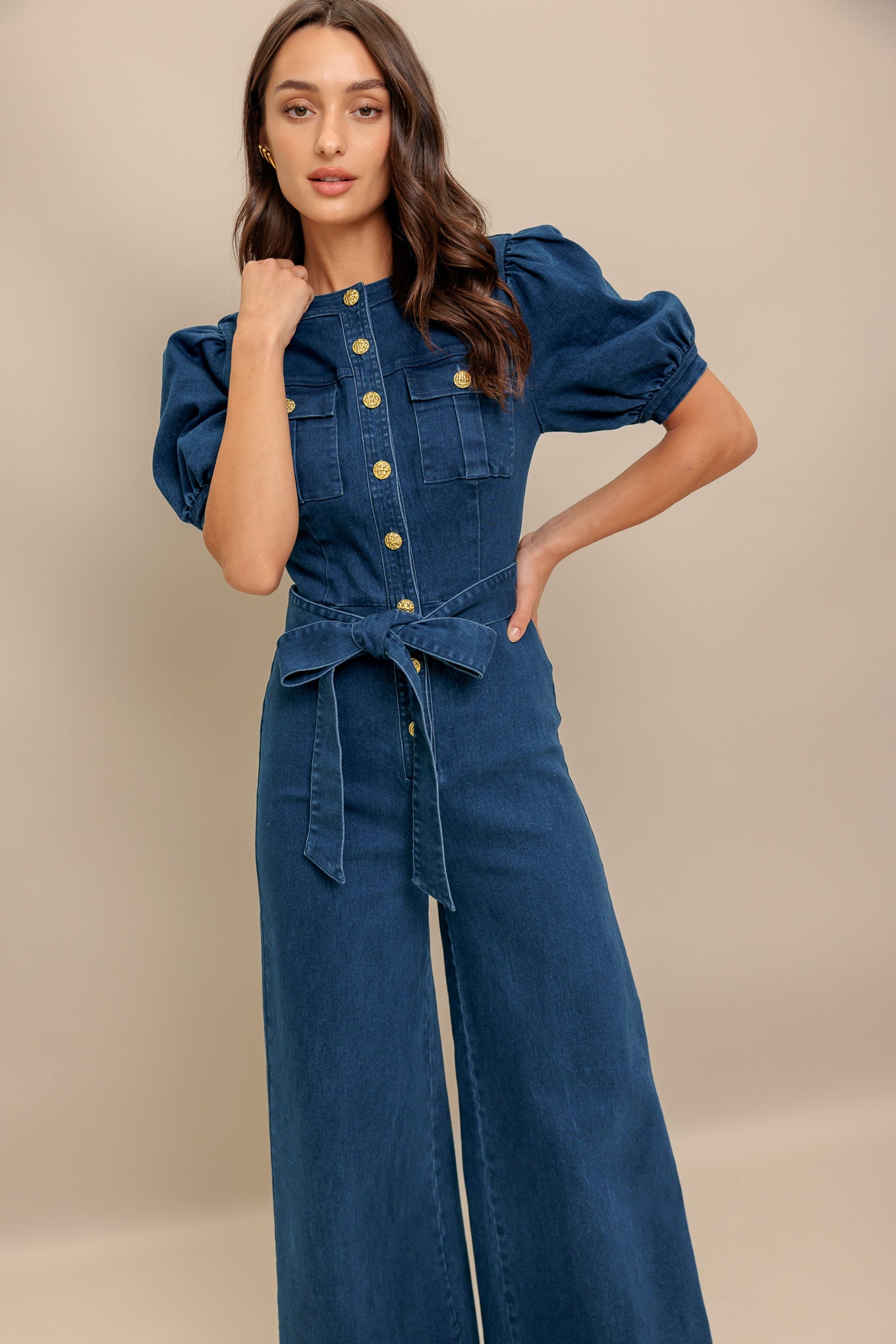 denim jumpsuit with puff sleeves and belt