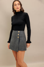 grey woven skort featuring side button detail