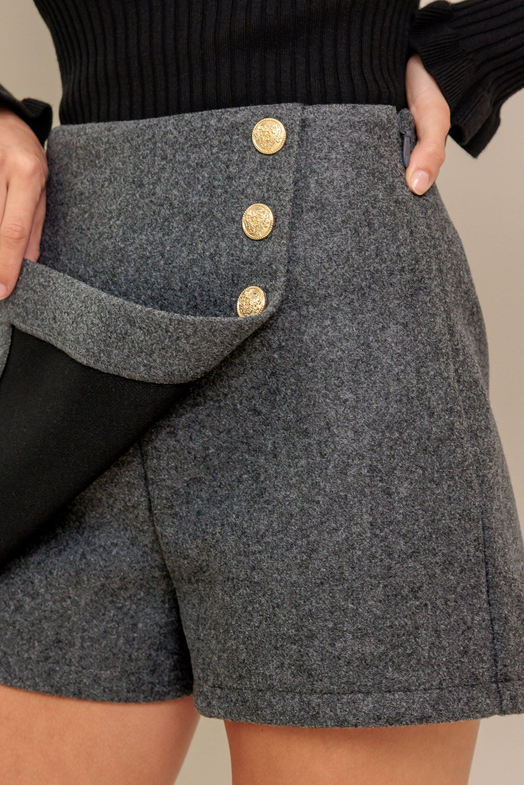 grey woven skort featuring side button detail