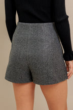 grey woven skort featuring side button detail