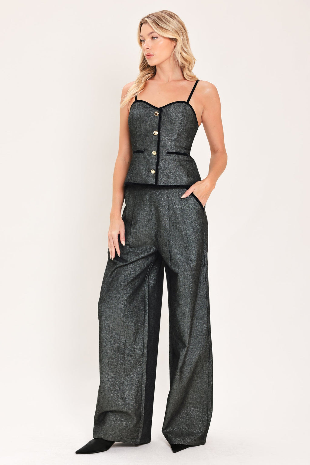 Metallic Hourglass Wide-Leg Pants