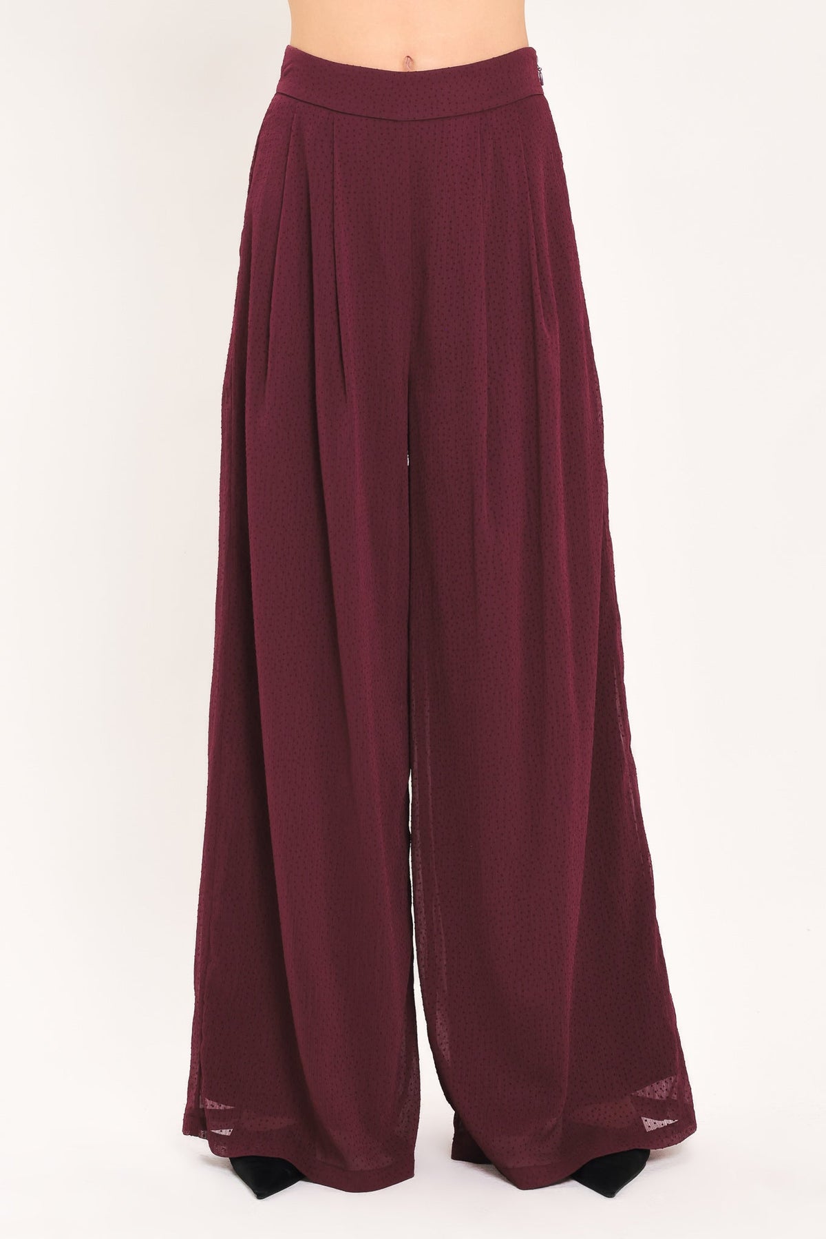 Bordeaux Sheer Drape Wide-Leg Pants