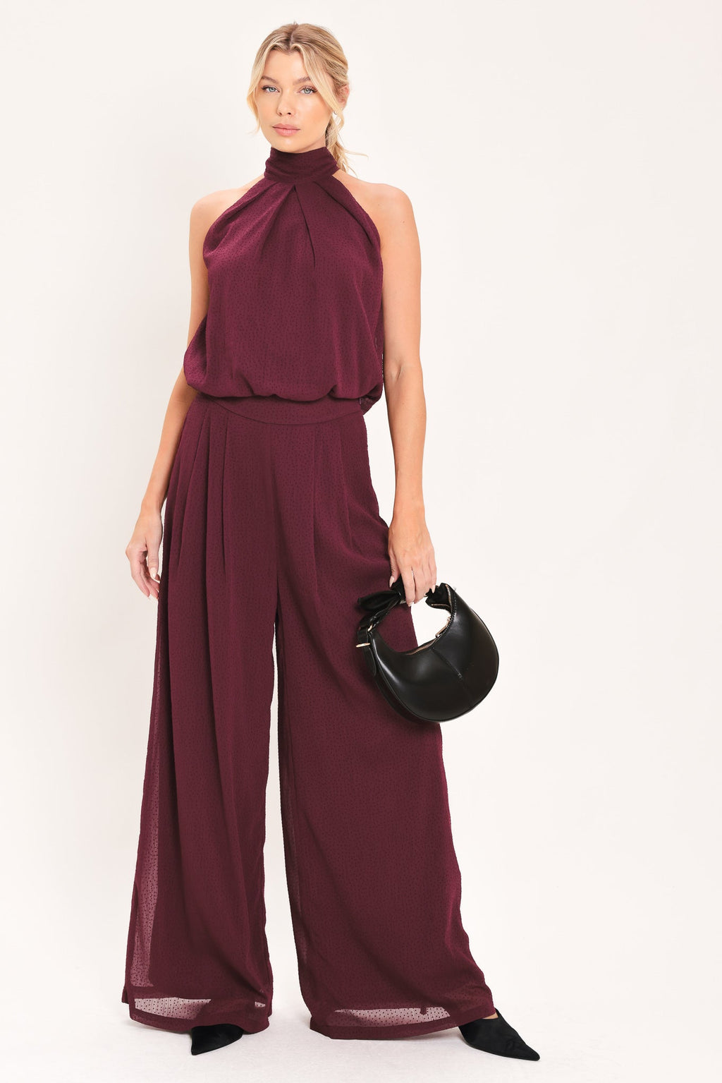 Bordeaux Sheer Drape Wide-Leg Pants