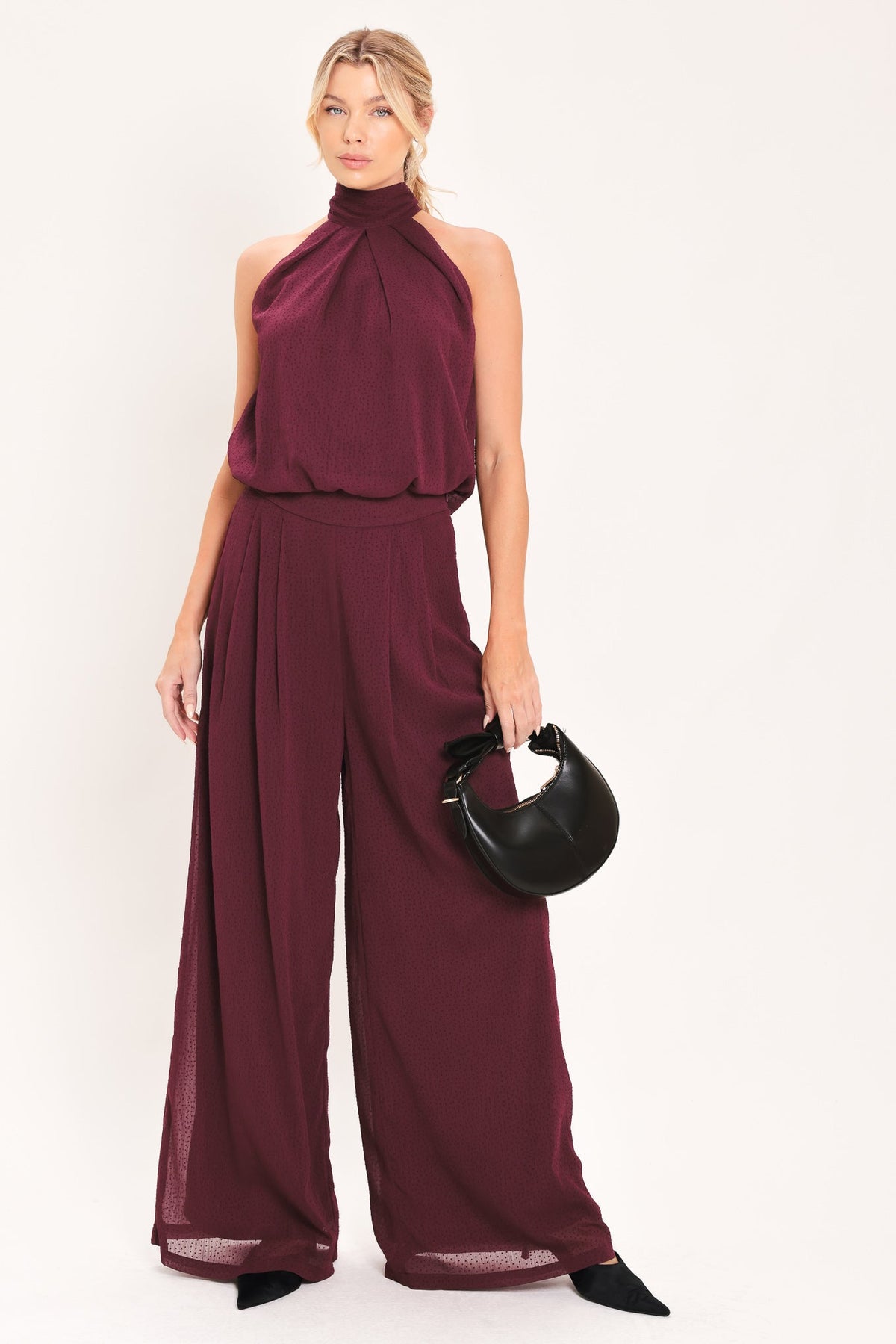 Bordeaux Sheer Drape Wide-Leg Pants