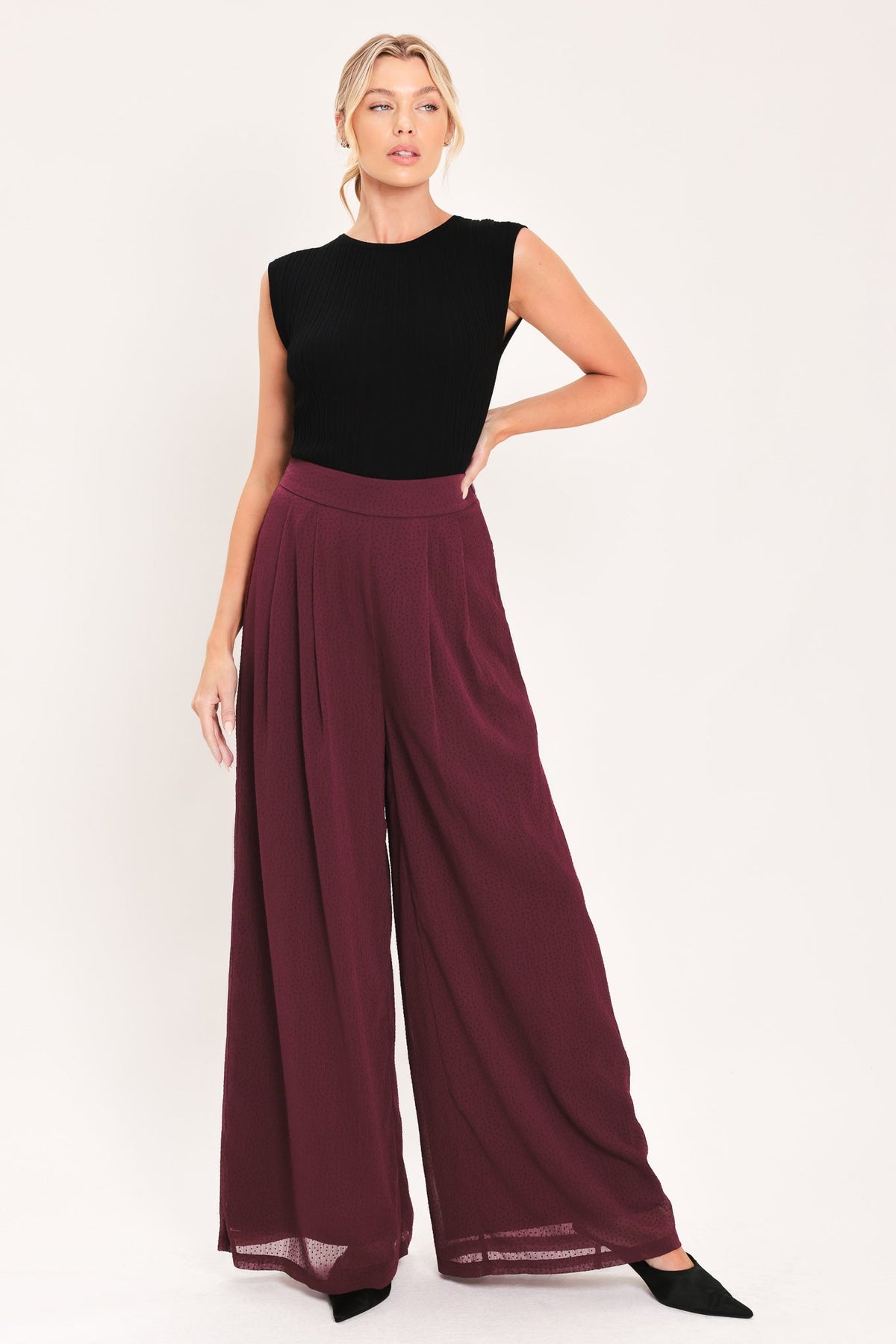 Bordeaux Sheer Drape Wide-Leg Pants