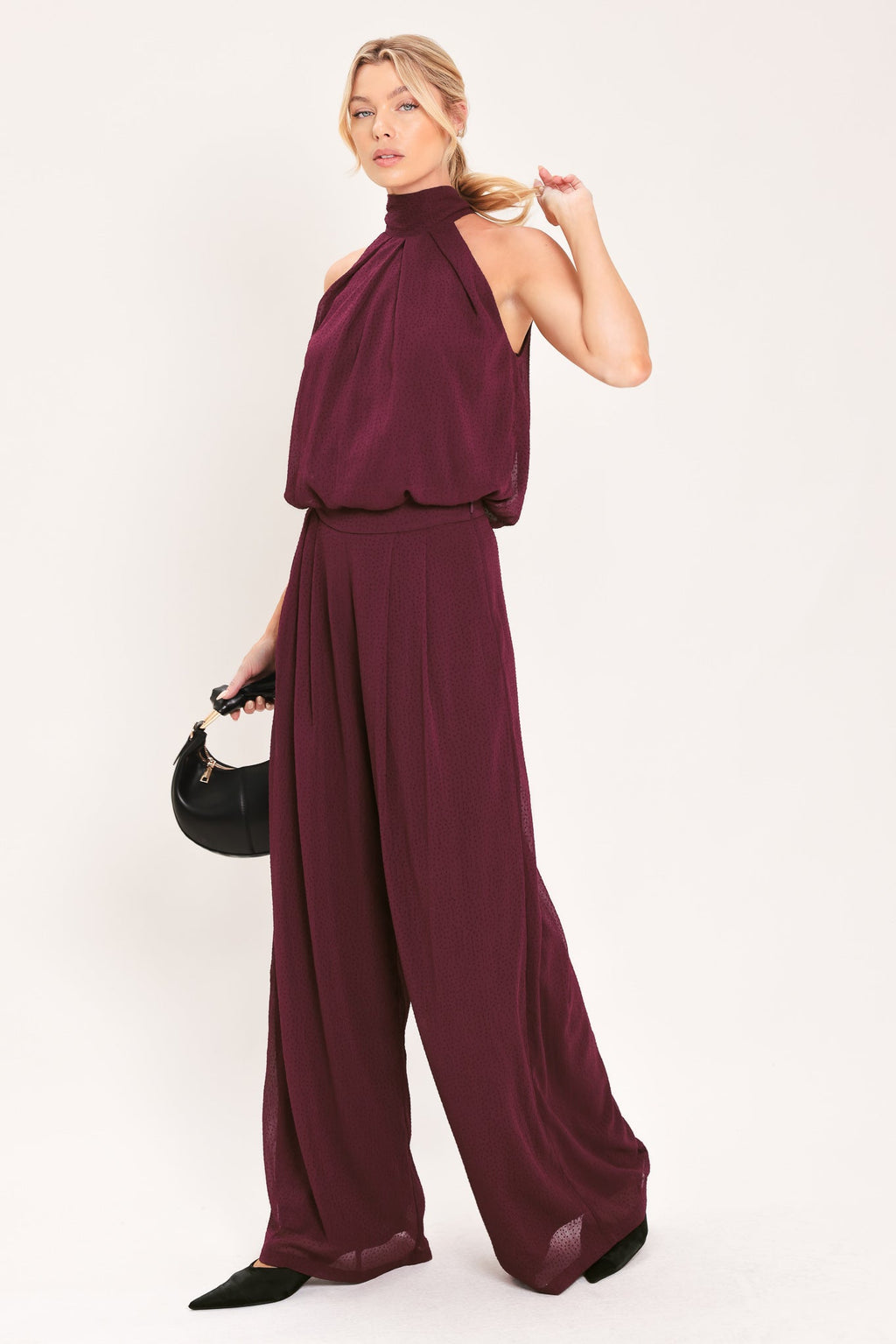 Bordeaux Sheer Drape Wide-Leg Pants