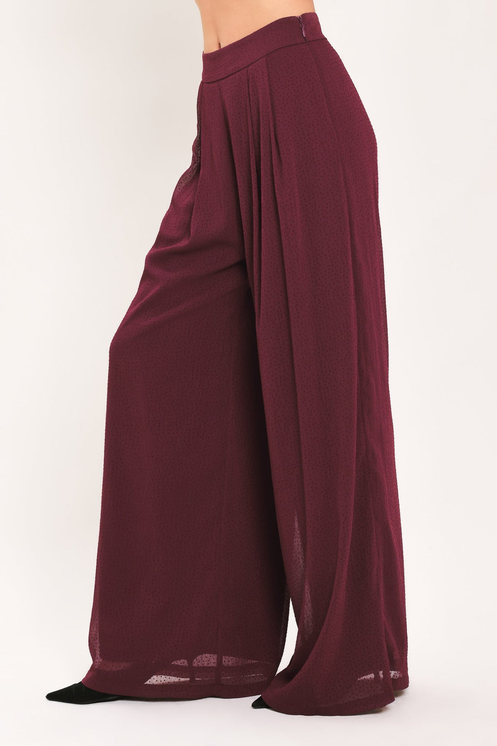 Bordeaux Sheer Drape Wide-Leg Pants